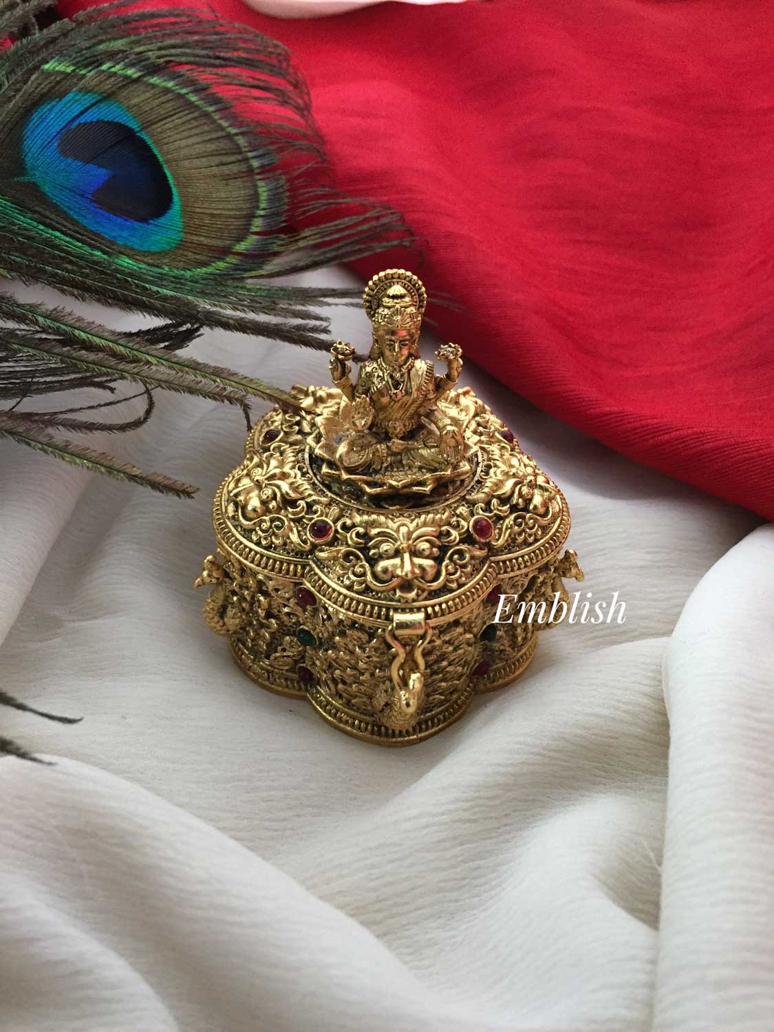 Lakshmi with Intricate Work Peacock Flower Kumkum Box